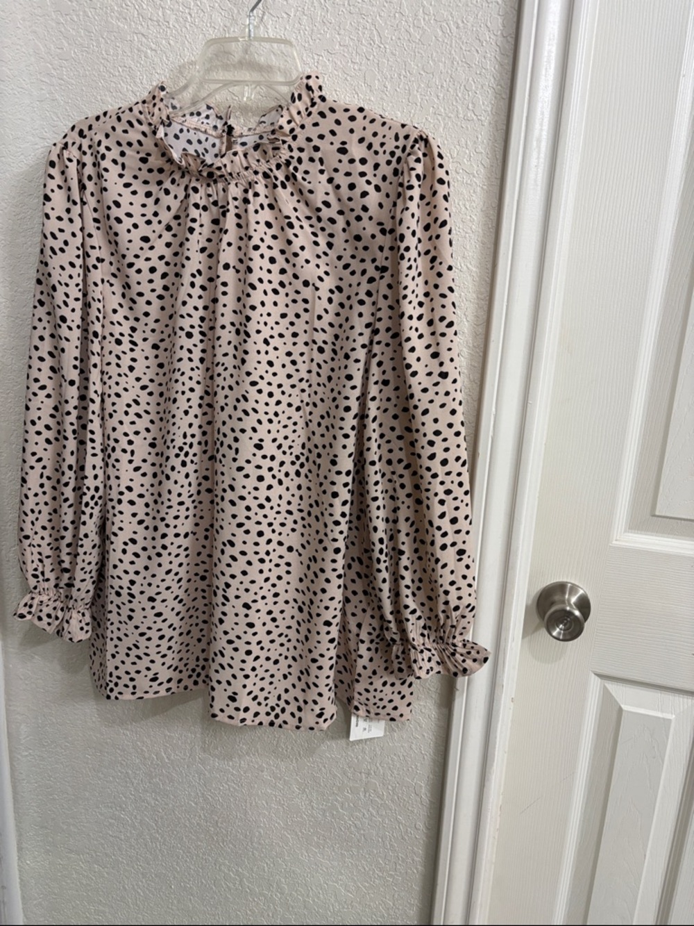 Women's Polka Dot Ruffle Neck Blouse - Blush/Black